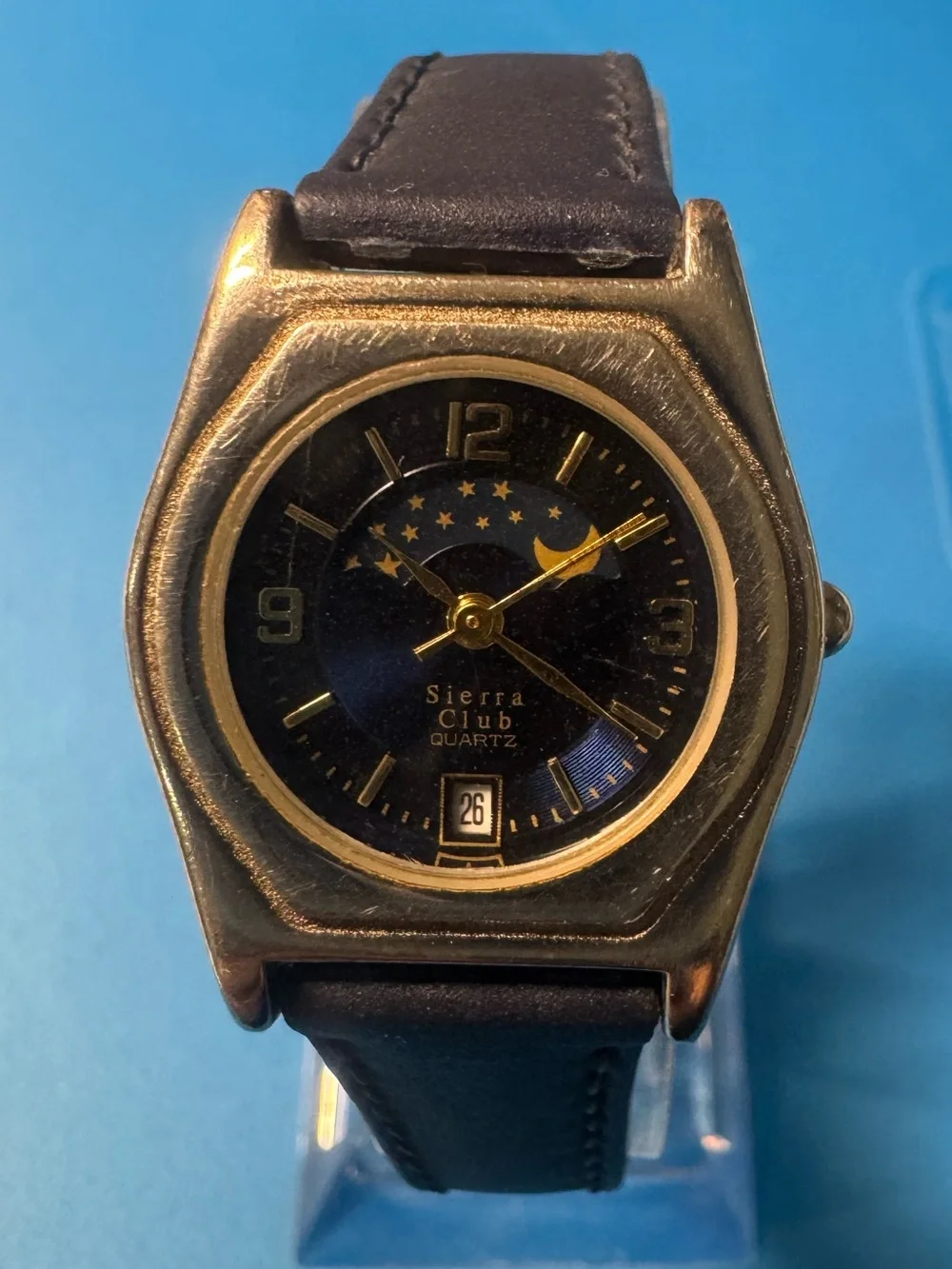 Sierra moon face Gold-Tone Case Watch with Black Dial and Brown Leather Strap